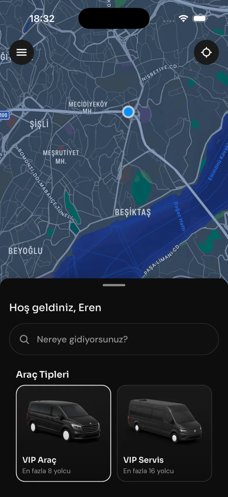 Restuva Go yolcu uygulaması ana ekranı — harita üzerinde araç tipi seçimi