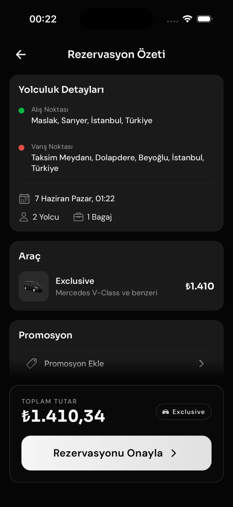 Restuva Go rezervasyon özeti — yolculuk detayları ve ödeme