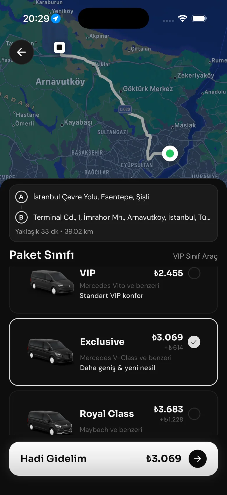 Restuva Go paket sınıfı seçimi — VIP, Exclusive ve Royal Class araçlar