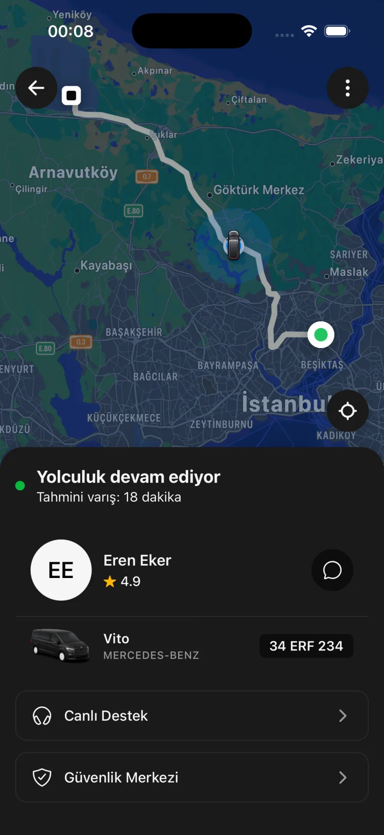 Restuva Go canlı sürücü takibi — harita üzerinde yolculuk rotası